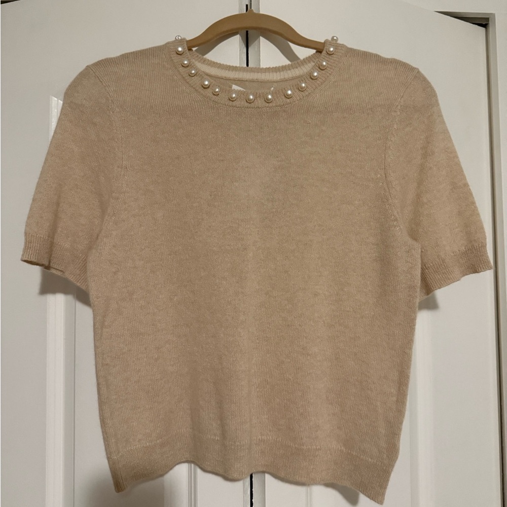 Velvet Beige Pearl Embellished Sweater S NWT